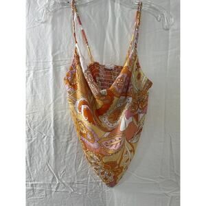 Persaya Boho Paisley Floral‎ Orange Halter Top Women's Size L Strappy Gathered